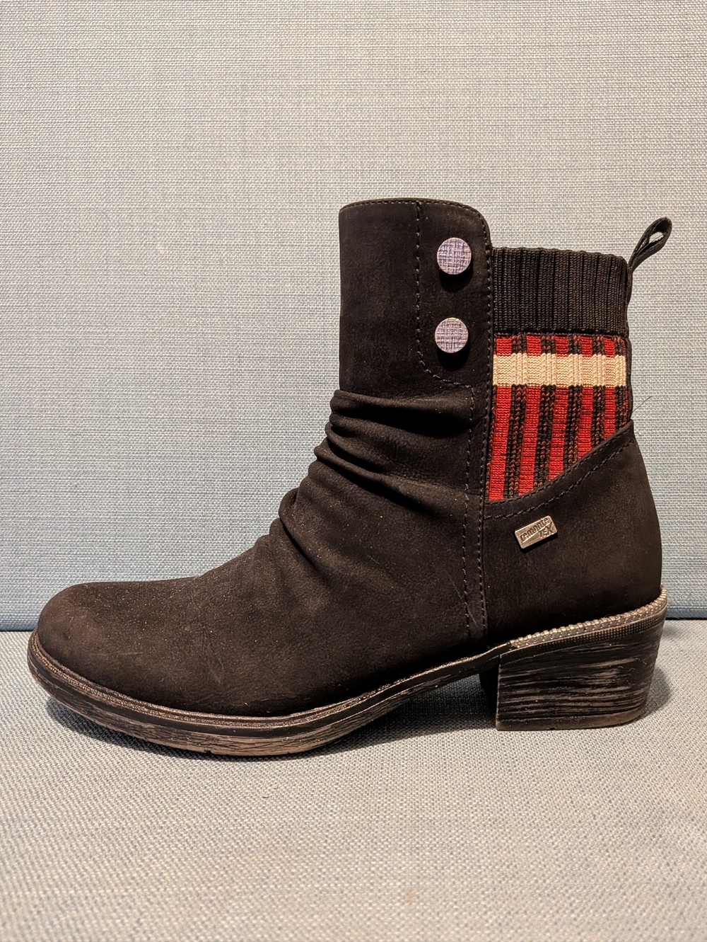Remonte Black Suede Ankle Boot with Red Accent
